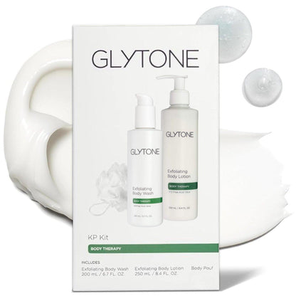 Glytone KP Kit – Peeling-Duschgel, Glykolsäure-Lotion & Duschpouf für Keratosis Pilaris – Glatte raue, holprige Haut, parfümfreie Hautpflege-Routine für trockene Haut & Hühnerhaut – Komplett-Set