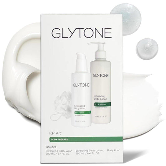 Glytone KP Kit – Peeling-Duschgel, Glykolsäure-Lotion & Duschpouf für Keratosis Pilaris – Glatte raue, holprige Haut, parfümfreie Hautpflege-Routine für trockene Haut & Hühnerhaut – Komplett-Set