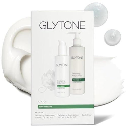 Glytone KP Kit – Peeling-Duschgel, Glykolsäure-Lotion & Duschpouf für Keratosis Pilaris – Glatte raue, holprige Haut, parfümfreie Hautpflege-Routine für trockene Haut & Hühnerhaut – Komplett-Set