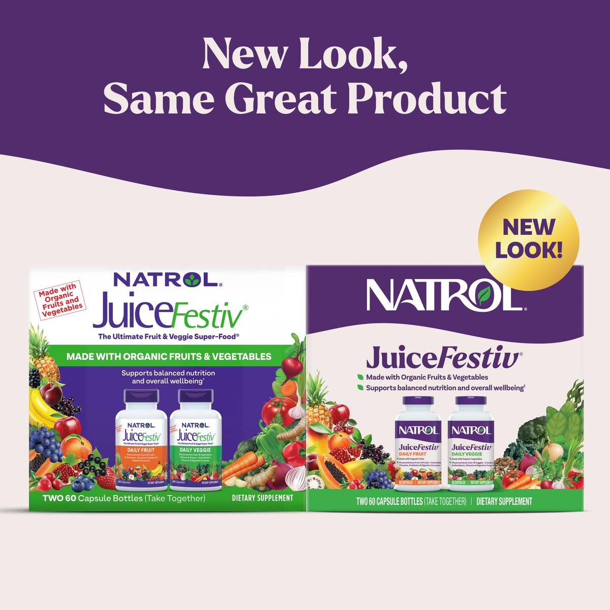 Natrol JuiceFestiv – Vitamine und Nahrungsergänzungsmittel für Ernährung und Wohlbefinden, Antioxidantien für die Zellgesundheit, 60 Kapseln (2er-Pack), bis zu 30 Tage Versorgung