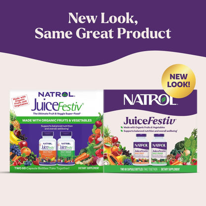 Natrol JuiceFestiv – Vitamine und Nahrungsergänzungsmittel für Ernährung und Wohlbefinden, Antioxidantien für die Zellgesundheit, 60 Kapseln (2er-Pack), bis zu 30 Tage Versorgung