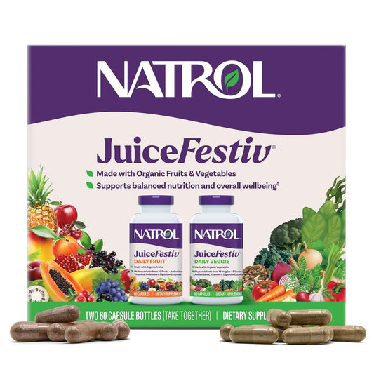 Natrol JuiceFestiv – Vitamine und Nahrungsergänzungsmittel für Ernährung und Wohlbefinden, Antioxidantien für die Zellgesundheit, 60 Kapseln (2er-Pack), bis zu 30 Tage Versorgung