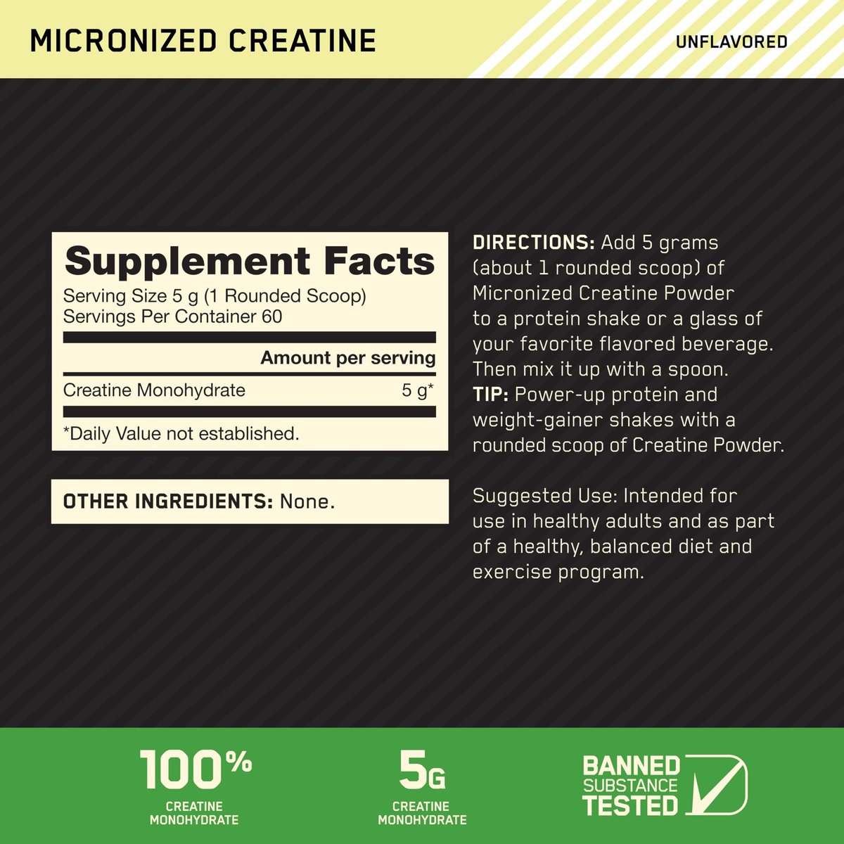 Optimum Nutrition Micronisiertes Kreatin-Monohydrat-Pulver, ungewürzt, 60 Portionen, 300 Gramm