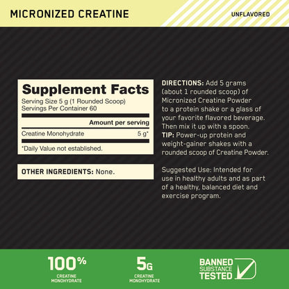 Optimum Nutrition Micronisiertes Kreatin-Monohydrat-Pulver, ungewürzt, 60 Portionen, 300 Gramm