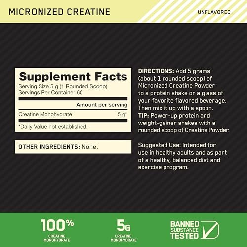 Optimum Nutrition Micronisiertes Kreatin-Monohydrat-Pulver, ungewürzt, 60 Portionen, 300 Gramm