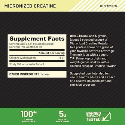Optimum Nutrition Micronisiertes Kreatin-Monohydrat-Pulver, ungewürzt, 60 Portionen, 300 Gramm