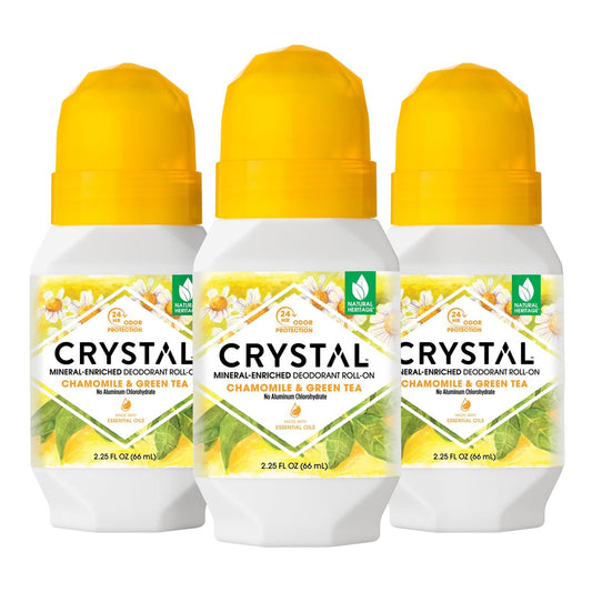 CRYSTAL Mineral Deodorant Roll-On – 24-Stunden Geruchsschutz mit Kamille & Grüntee, aluminiumchloridfrei & parabenfrei, 2,25 Fl Oz (3er-Pack)