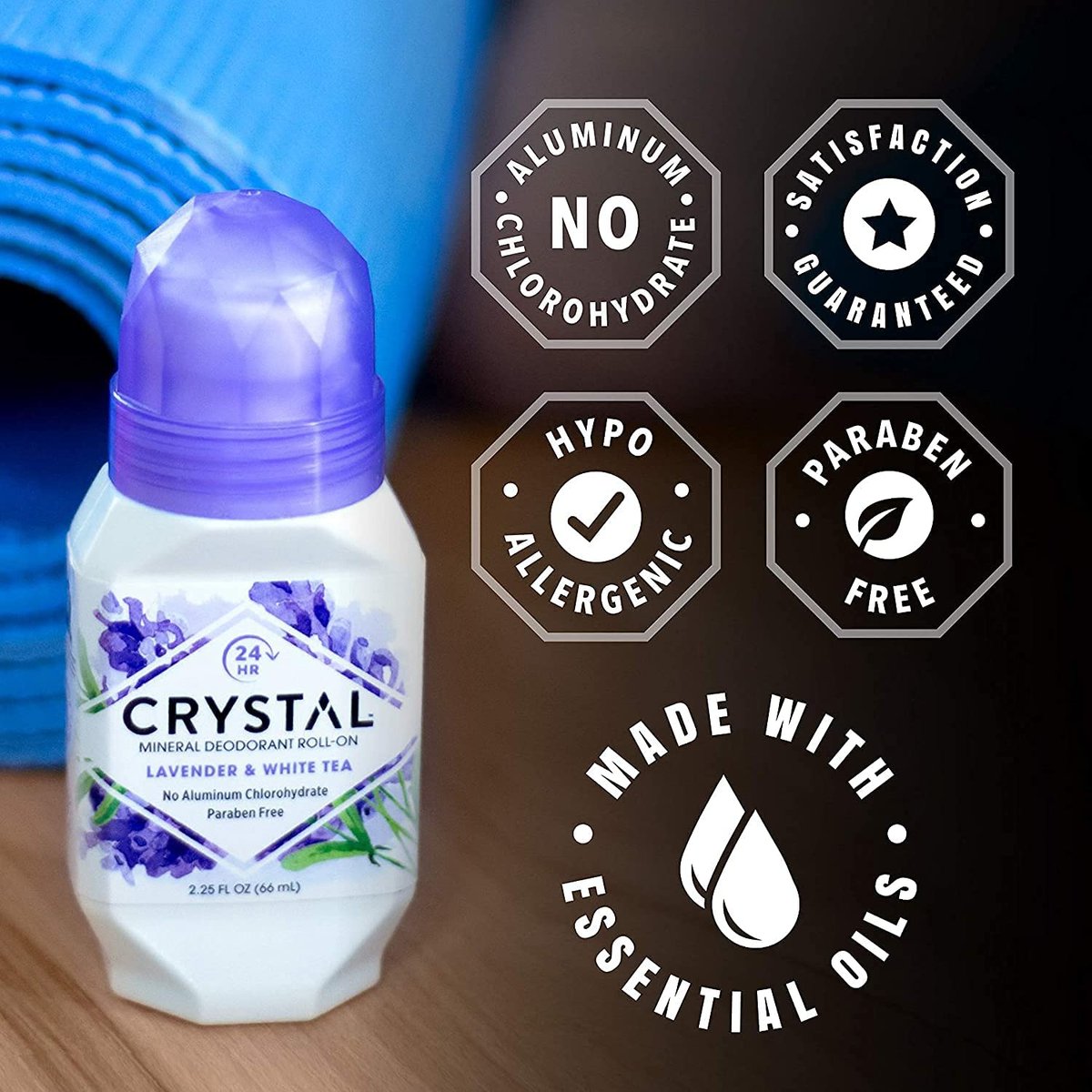 Crystal Essence Mineral-Deodorant Roll-On Lavendel & Weißer Tee 2,25 oz (6er-Pack) – Natürlicher Deodorant ohne Aluminium