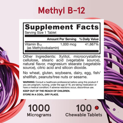 Jarrow Formulas Methyl Vitamin B-12 1000 mcg, 100 Kautabletten, Zitronengeschmack – Bioaktives B12-Vitamin für Energieproduktion, Gehirngesundheit & Stoffwechsel – 100 Portionen