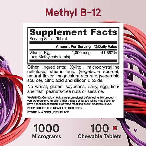 Jarrow Formulas Methyl Vitamin B-12 1000 mcg, 100 Kautabletten, Zitronengeschmack – Bioaktives B12-Vitamin für Energieproduktion, Gehirngesundheit & Stoffwechsel – 100 Portionen