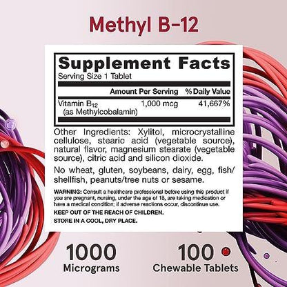 Jarrow Formulas Methyl Vitamin B-12 1000 mcg, 100 Kautabletten, Zitronengeschmack – Bioaktives B12-Vitamin für Energieproduktion, Gehirngesundheit & Stoffwechsel – 100 Portionen