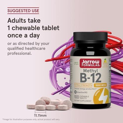 Jarrow Formulas Methyl Vitamin B-12 1000 mcg, 100 Kautabletten, Zitronengeschmack – Bioaktives B12-Vitamin für Energieproduktion, Gehirngesundheit & Stoffwechsel – 100 Portionen