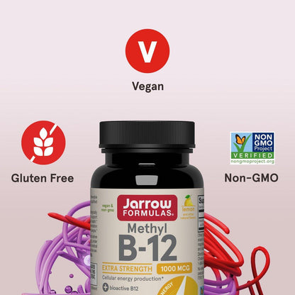 Jarrow Formulas Methyl Vitamin B-12 1000 mcg, 100 Kautabletten, Zitronengeschmack – Bioaktives B12-Vitamin für Energieproduktion, Gehirngesundheit & Stoffwechsel – 100 Portionen
