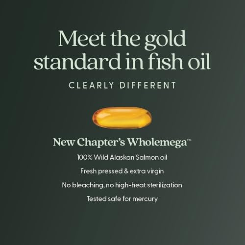 New Chapter Wholemega Fischöl-Ergänzung - 2000mg pro Portion, klinisch geprüftes Wildlachsöl mit Omega-3 + Vitamin D3 + Astaxanthin, 60 Weichkapseln