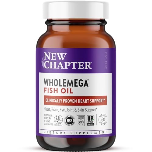 New Chapter Wholemega Fischöl-Ergänzung - 2000mg pro Portion, klinisch geprüftes Wildlachsöl mit Omega-3 + Vitamin D3 + Astaxanthin, 60 Weichkapseln