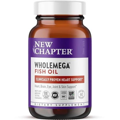 New Chapter Wholemega Fischöl-Ergänzung - 2000mg pro Portion, klinisch geprüftes Wildlachsöl mit Omega-3 + Vitamin D3 + Astaxanthin, 60 Weichkapseln