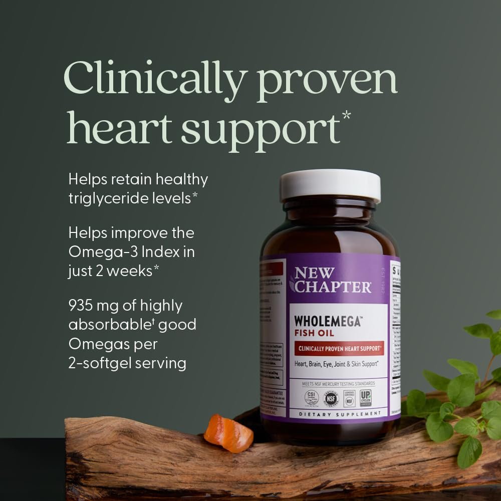 New Chapter Wholemega Fischöl-Ergänzung - 2000mg pro Portion, klinisch geprüftes Wildlachsöl mit Omega-3 + Vitamin D3 + Astaxanthin, 60 Weichkapseln