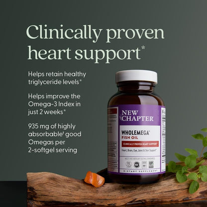 New Chapter Wholemega Fischöl-Ergänzung - 2000mg pro Portion, klinisch geprüftes Wildlachsöl mit Omega-3 + Vitamin D3 + Astaxanthin, 60 Weichkapseln