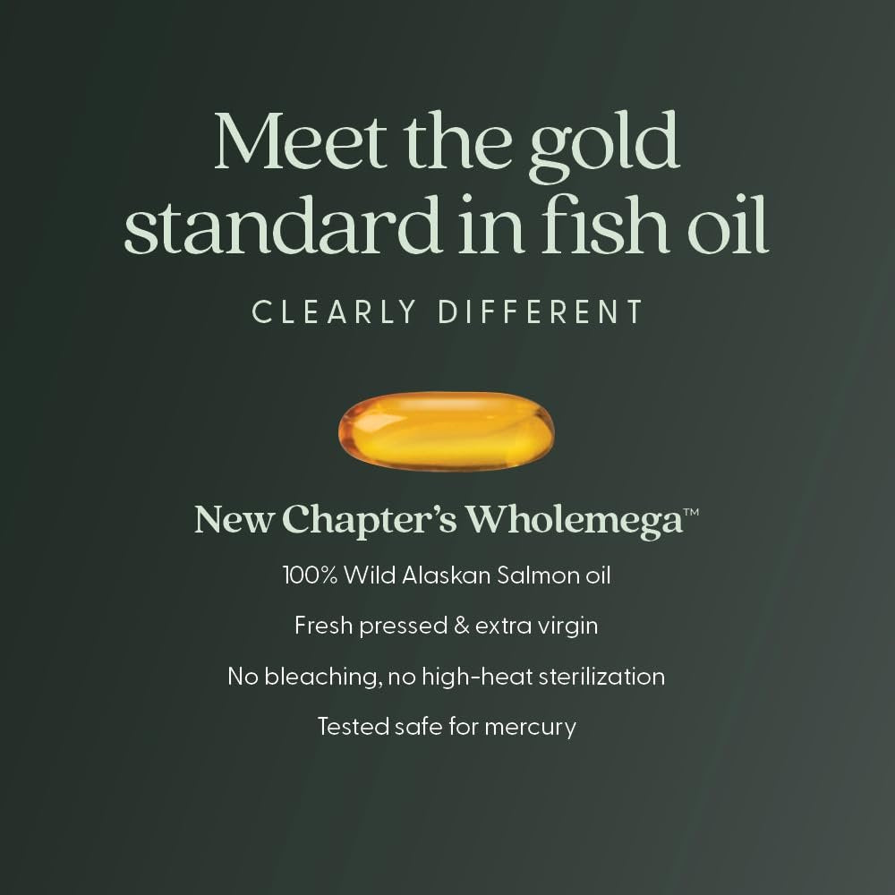 New Chapter Wholemega Fischöl-Ergänzung - 2000mg pro Portion, klinisch geprüftes Wildlachsöl mit Omega-3 + Vitamin D3 + Astaxanthin, 60 Weichkapseln