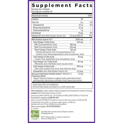 New Chapter Wholemega Fischöl-Ergänzung - 2000mg pro Portion, klinisch geprüftes Wildlachsöl mit Omega-3 + Vitamin D3 + Astaxanthin, 60 Weichkapseln