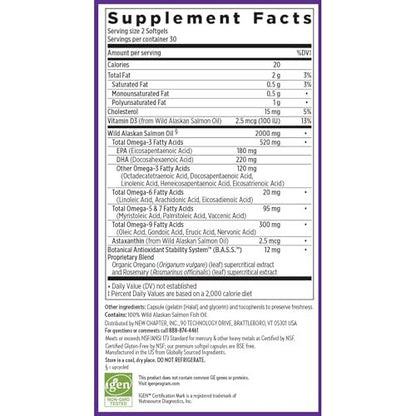 New Chapter Wholemega Fischöl-Ergänzung - 2000mg pro Portion, klinisch geprüftes Wildlachsöl mit Omega-3 + Vitamin D3 + Astaxanthin, 60 Weichkapseln