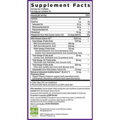 New Chapter Wholemega Fischöl-Ergänzung - 2000mg pro Portion, klinisch geprüftes Wildlachsöl mit Omega-3 + Vitamin D3 + Astaxanthin, 60 Weichkapseln