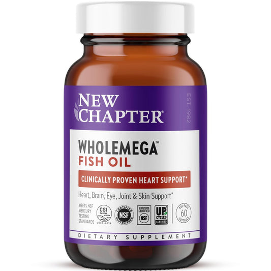 New Chapter Wholemega Fischöl-Ergänzung - 2000mg pro Portion, klinisch geprüftes Wildlachsöl mit Omega-3 + Vitamin D3 + Astaxanthin, 60 Weichkapseln