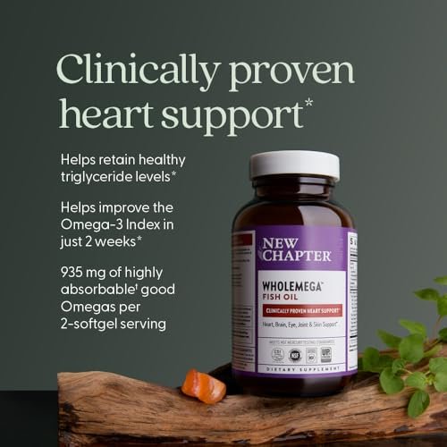 New Chapter Wholemega Fischöl-Ergänzung - 2000mg pro Portion, klinisch geprüftes Wildlachsöl mit Omega-3 + Vitamin D3 + Astaxanthin, 60 Weichkapseln
