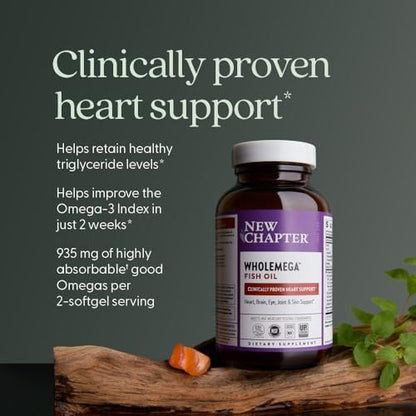 New Chapter Wholemega Fischöl-Ergänzung - 2000mg pro Portion, klinisch geprüftes Wildlachsöl mit Omega-3 + Vitamin D3 + Astaxanthin, 60 Weichkapseln