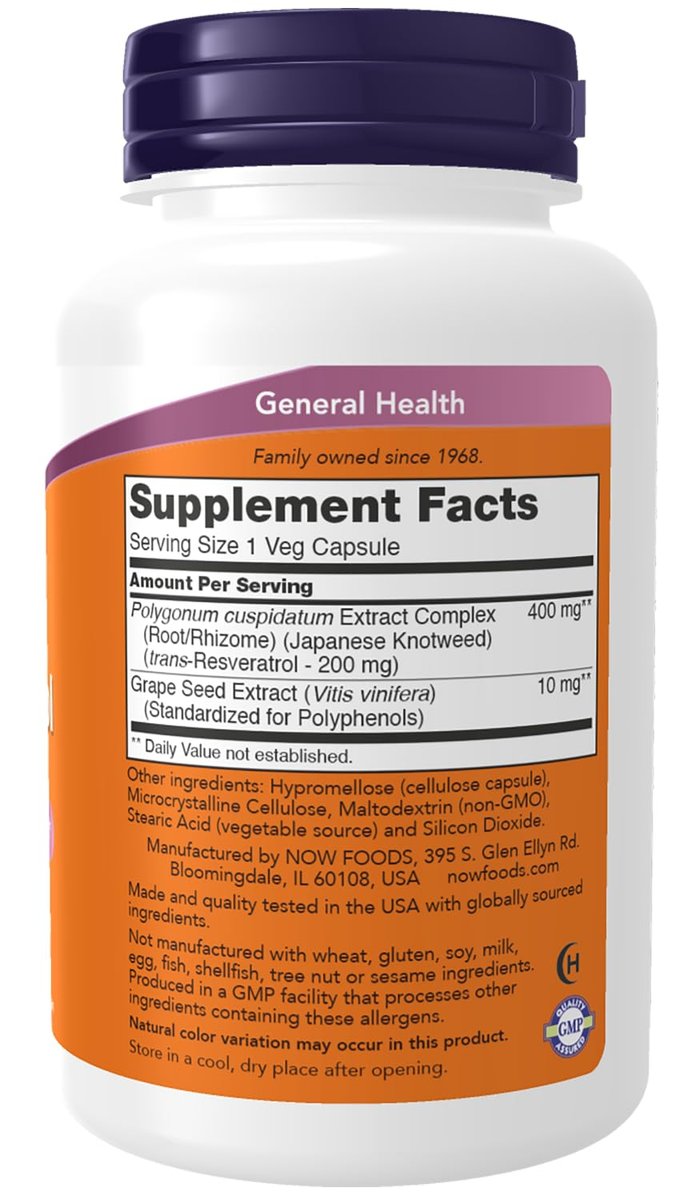 NOW Foods Natürliches Resveratrol 200 mg mit Rotwein-Extrakt, 120 vegane Kapseln