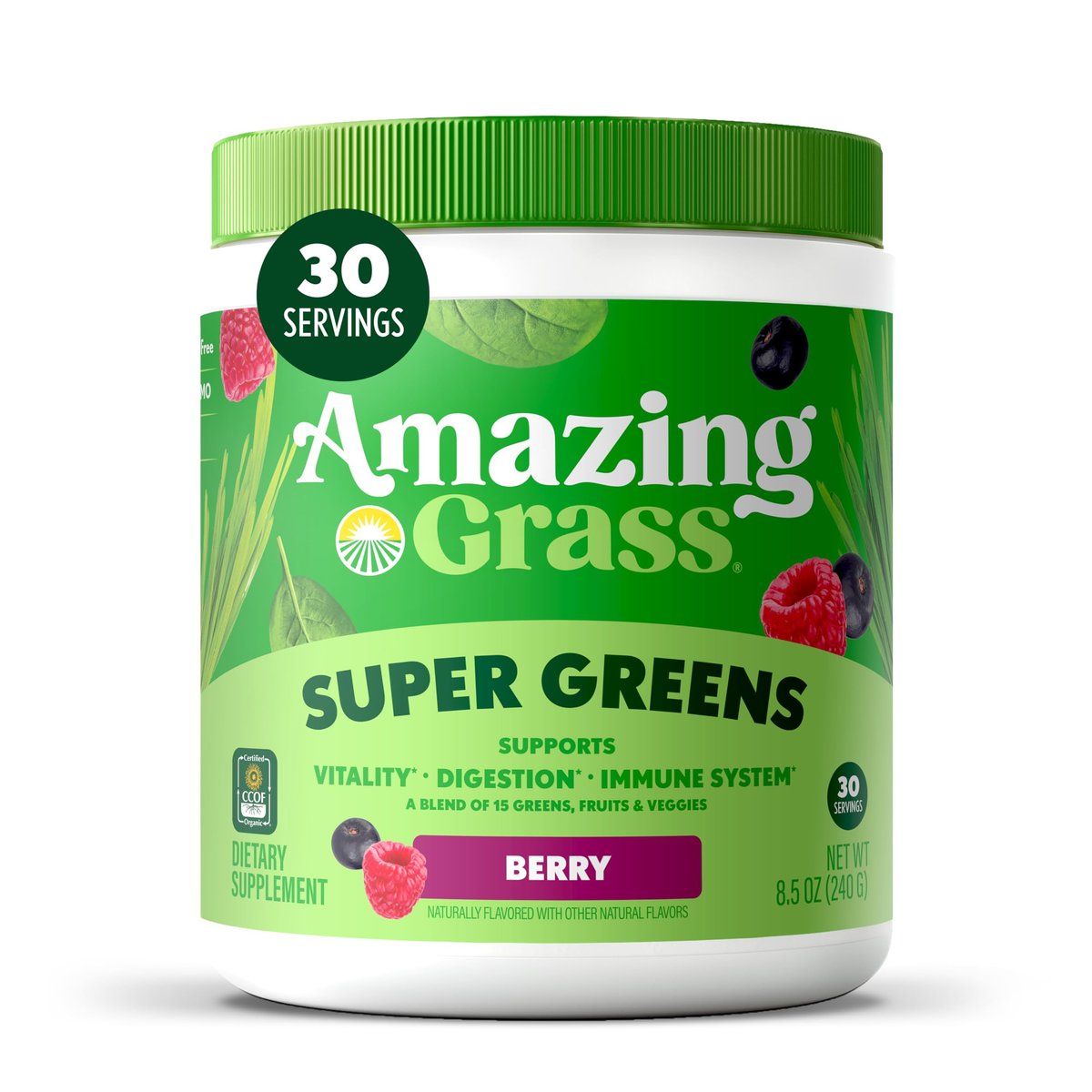 Amazing Grass Super Greens Pulver – Bio-Grünpulver mit Superfoods, Probiotika & Spirulina, unterstützt die Verdauung, 30 Portionen, 240 g