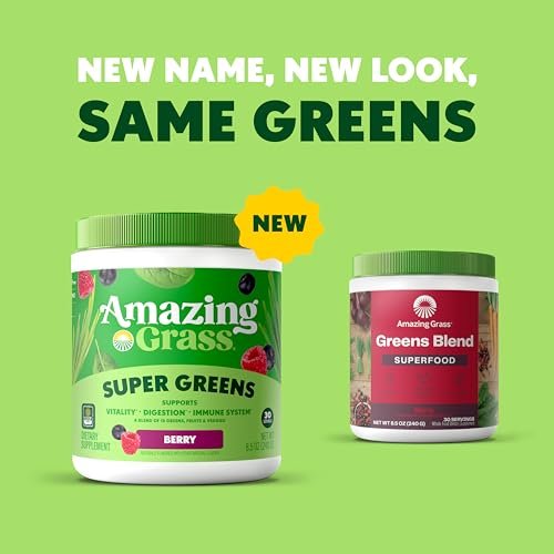 Amazing Grass Super Greens Pulver – Bio-Grünpulver mit Superfoods, Probiotika & Spirulina, unterstützt die Verdauung, 30 Portionen, 240 g