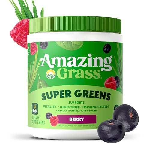 Amazing Grass Super Greens Pulver – Bio-Grünpulver mit Superfoods, Probiotika & Spirulina, unterstützt die Verdauung, 30 Portionen, 240 g