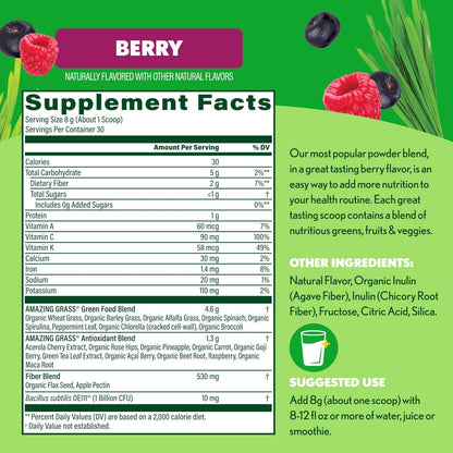 Amazing Grass Super Greens Pulver – Bio-Grünpulver mit Superfoods, Probiotika & Spirulina, unterstützt die Verdauung, 30 Portionen, 240 g