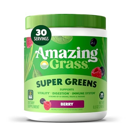 Amazing Grass Super Greens Pulver – Bio-Grünpulver mit Superfoods, Probiotika & Spirulina, unterstützt die Verdauung, 30 Portionen, 240 g