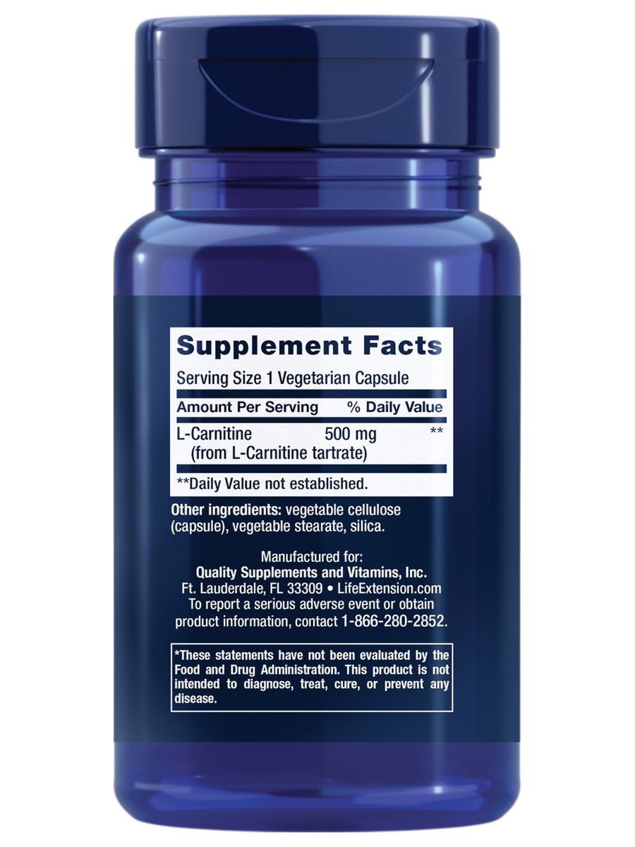 Life Extension L-Carnitin – 500 mg, Energie- und Gedächtnisergänzung – Freie Form Aminosäure, Stickstoffmonoxid-Unterstützung, Gesunder Blutdruck – Glutenfrei, Nicht-GVO, Vegetarisch – 30 Kapseln