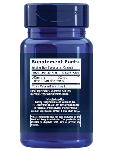 Life Extension L-Carnitin – 500 mg, Energie- und Gedächtnisergänzung – Freie Form Aminosäure, Stickstoffmonoxid-Unterstützung, Gesunder Blutdruck – Glutenfrei, Nicht-GVO, Vegetarisch – 30 Kapseln