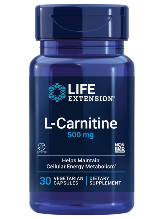 Life Extension L-Carnitin – 500 mg, Energie- und Gedächtnisergänzung – Freie Form Aminosäure, Stickstoffmonoxid-Unterstützung, Gesunder Blutdruck – Glutenfrei, Nicht-GVO, Vegetarisch – 30 Kapseln