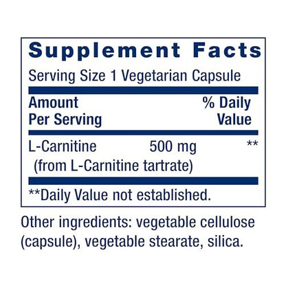 Life Extension L-Carnitin – 500 mg, Energie- und Gedächtnisergänzung – Freie Form Aminosäure, Stickstoffmonoxid-Unterstützung, Gesunder Blutdruck – Glutenfrei, Nicht-GVO, Vegetarisch – 30 Kapseln