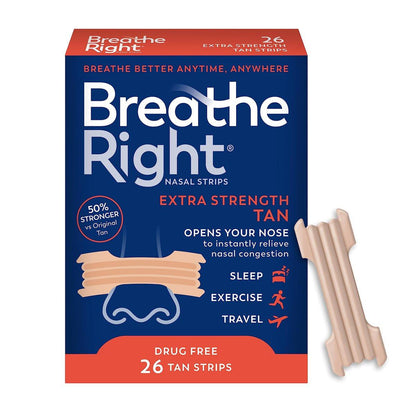 Breathe Right Nasale Strips, Extra Stärke, Braune Nasenstreifen, Medikamentenfreie Nasenentlastung für bessere Atmung, Hilft Schnarchen zu reduzieren, Verursacht durch Erkältungen & Allergien, Septumdeviation, 26 Stück