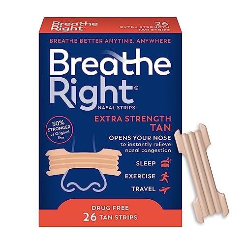 Breathe Right Nasale Strips, Extra Stärke, Braune Nasenstreifen, Medikamentenfreie Nasenentlastung für bessere Atmung, Hilft Schnarchen zu reduzieren, Verursacht durch Erkältungen & Allergien, Septumdeviation, 26 Stück