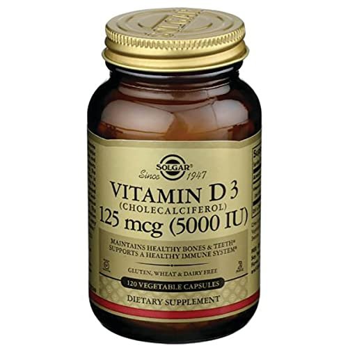 Solgar Vitamin D3 (Cholecalciferol) 125 µg (5000 IE) – 120 vegane Kapseln für starke Knochen & Immunsystem – Non-GMO, glutenfrei, laktosefrei, koscher