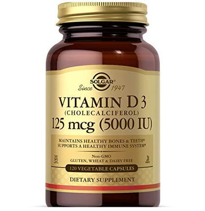Solgar Vitamin D3 (Cholecalciferol) 125 µg (5000 IE) – 120 vegane Kapseln für starke Knochen & Immunsystem – Non-GMO, glutenfrei, laktosefrei, koscher