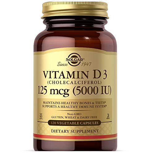 Solgar Vitamin D3 (Cholecalciferol) 125 µg (5000 IE) – 120 vegane Kapseln für starke Knochen & Immunsystem – Non-GMO, glutenfrei, laktosefrei, koscher