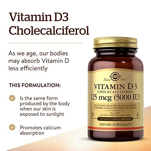 Solgar Vitamin D3 (Cholecalciferol) 125 µg (5000 IE) – 120 vegane Kapseln für starke Knochen & Immunsystem – Non-GMO, glutenfrei, laktosefrei, koscher