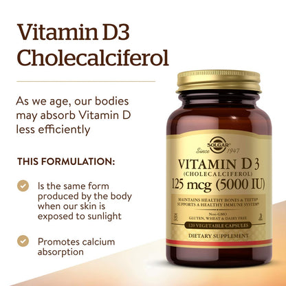 Solgar Vitamin D3 (Cholecalciferol) 125 µg (5000 IE) – 120 vegane Kapseln für starke Knochen & Immunsystem – Non-GMO, glutenfrei, laktosefrei, koscher