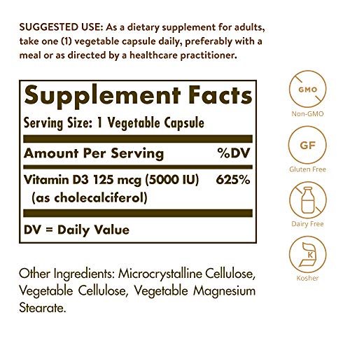 Solgar Vitamin D3 (Cholecalciferol) 125 µg (5000 IE) – 120 vegane Kapseln für starke Knochen & Immunsystem – Non-GMO, glutenfrei, laktosefrei, koscher