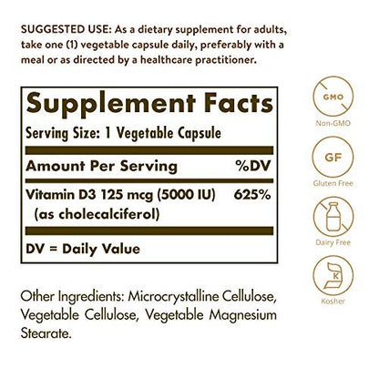 Solgar Vitamin D3 (Cholecalciferol) 125 µg (5000 IE) – 120 vegane Kapseln für starke Knochen & Immunsystem – Non-GMO, glutenfrei, laktosefrei, koscher