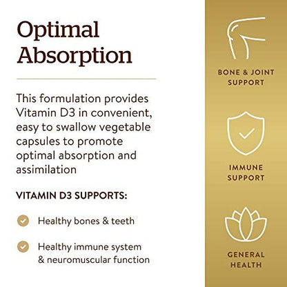 Solgar Vitamin D3 (Cholecalciferol) 125 µg (5000 IE) – 120 vegane Kapseln für starke Knochen & Immunsystem – Non-GMO, glutenfrei, laktosefrei, koscher