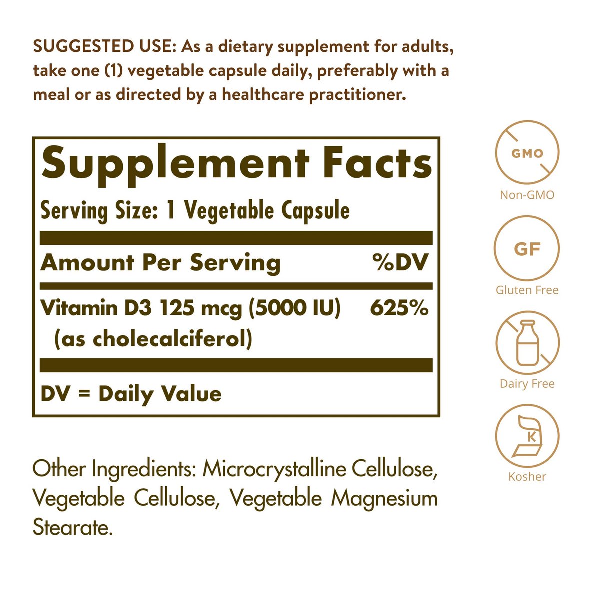 Solgar Vitamin D3 (Cholecalciferol) 125 µg (5000 IE) – 120 vegane Kapseln für starke Knochen & Immunsystem – Non-GMO, glutenfrei, laktosefrei, koscher